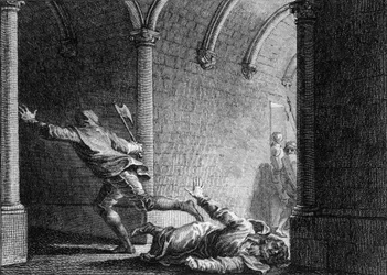 Asesinato de Ebroino, mayordomo de palacio de Neustria, 681: fue asesinado con un hacha por Hermanfroi, señor al que había despojado de sus bienes. Grabado de Jean Michel Moreau, llamado Moreau le Jeune (1741-1814)
