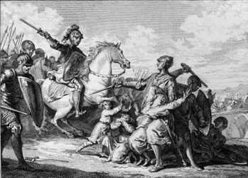 Asesinato de los hijos de Teodorico II de Borgoña en 613, en presencia de Clotario II (584-628), rey de Neustria. Entre ellos, Sigeberto II (601-613). Grabado de Jean Michel Moreau, llamado Moreau el Joven (1741-1814)