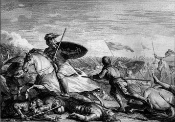 Batalla de Fontenoy, 841: huida de Lotario I (795-855) tras la derrota de su ejército. Grabado por Jean Michel Moreau, conocido como Moreau le Jeune (1741-1814)
