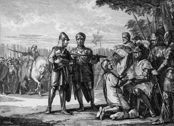 Batalla de Tertry, 687: vencedor del ejército de Neustria, Pipino el Joven o de Herstal (circa 653-714), príncipe de Austrasia, reconoce la autoridad del rey de Neustria Thierry III (657-691). Grabado por Jean Michel Moreau, llamado Moreau el Joven (1741-1