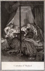 Castración de Pierre Abélard o Pierre Abailard, filósofo y teólogo francés (1079-1142). grabado por Moreau.