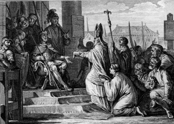 Carlomagno (747-814), rey de los Francos, recibiendo la corona de hierro de Lombardía de manos del obispo de Milán, 774. Grabado por Jean Michel Moreau, llamado Moreau le Jeune (1741-1814)