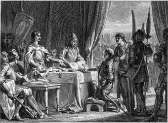 Carlos Martel (688-741), Rey de los Francos, distribuye los bienes de la Iglesia a sus soldados, 718. Grabado por Jean Michel Moreau, llamado Moreau le Jeune (1741-1814)