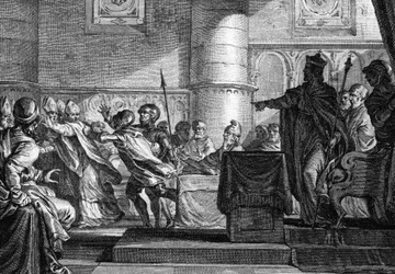 Clero entre clero y nobleza reunidos en el Parlamento en Epernay (Marne) por Carlos el Calvo (846). Grabado por J. P. Le Bas después de Moreau le jeune. Siglo XVIII