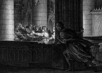 Conspiración contra Carlomagno, 792: un señor sorprende la conversación entre conspiradores que planean el asesinato del rey de los francos. Entre ellos, Pipino el Jorobado (769-811), hijo de Carlomagno. Grabado de Jean Michel Moreau, llamado Moreau el