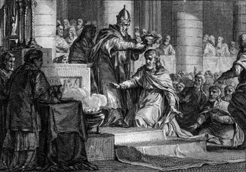 Coronación de Carlomagno, 25 de diciembre de 800: El Rey de los Francos (747-814) es consagrado emperador de Occidente por el Papa León III (750-816) en la Iglesia de San Pedro en Roma. Grabado por Jean Michel Moreau, conocido como Moreau le Jeune (1741-18