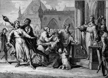 Dagoberto I (602/605-638), rey de los francos, intenta afirmar la autoridad real en Borgoña escuchando las quejas de los habitantes contra sus señores. Grabado de Jean Michel Moreau, conocido como Moreau el Joven (1741-1814)