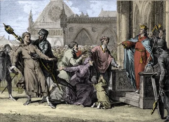 Dagoberto I (602/605-638), Rey de los Francos, intenta afirmar la autoridad real en Borgoña escuchando las quejas de los habitantes contra sus señores. Grabado por Jean Michel Moreau, llamado Moreau el Joven (1741-1814).