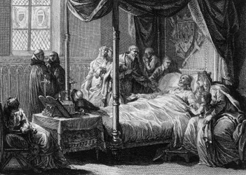 Muerte de Dagoberto I (602/605-638), Rey de los Francos, en presencia de su esposa, la Reina Nantilde (ca. 610-642) y su hijo, el futuro Clodoveo II (ca. 635-657). Grabado por Jean Michel Moreau, llamado Moreau el Joven (1741-1814)