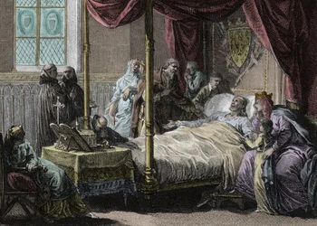 Muerte de Dagoberto I (602/605 - 638), Rey de los Francos, en presencia de su esposa, la Reina Nantilde (ca. 610-642) y su hijo, el futuro Clodoveo II (ca. 635-657). Grabado por Jean Michel Moreau, llamado Moreau le Jeune (1741-1814)