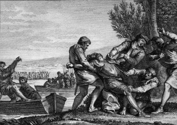 Muerte de Guillermo I de Normandía (910-942), asesinado por flamencos en Piquigny (Somme), 943. Grabado de Jean Michel Moreau, llamado Moreau el Joven (1741-1814)