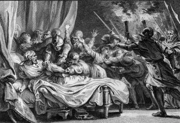 Fin de la dinastía carolingia, 988: arresto de Carlos (953-991), Duque de Baja Lorena, por Hugo Capeto (941-996) y su ejército. (grabado por Jean Michel Moreau, dit Moreau le Jeune)