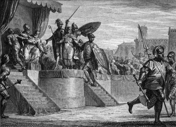 Fin de la dinastía merovingia, 751: deposición del Rey Childerico III (ca. 714-754) por Pipino el Breve (714-768). Grabado por Jean Michel Moreau, llamado Moreau le Jeune (1741-1814)