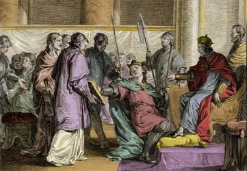 Erispoe (muerto en 857), Rey de Bretaña (Herispogius - Hervspogius - Respogius) recibió los ornamentos del reino de manos de Carlos II el Calvo (823-877), 851. Grabado por Jean Michel Moreau, llamado Moreau el Joven (1741-1814)