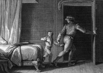 Escape de Ricardo, Duque de Normandía, 944: prisionero en Francia por el Rey Luis IV de Ultramar, el futuro Ricardo I de Normandía (930-996) fue liberado gracias a la ayuda de Osmond, uno de sus oficiales. Grabado por Jean Michel Moreau, llamado Moreau le 