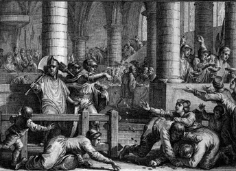 Francia, período carolingio: curso plenario (fiesta celebrada dos veces al año). Los soldados lanzan monedas al pueblo, grabado por Jean Michel Moreau, llamado Moreau le Jeune (1741-1814)