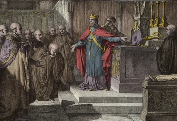 Hugues Capet (941-996) restableció las elecciones canónicas: el rey de los francos permitió a los monjes elegir a sus abades colocando en un altar una cruz y una mitra. Grabado por Jean Michel Moreau, conocido como Moreau le Jeune (1741-1814)