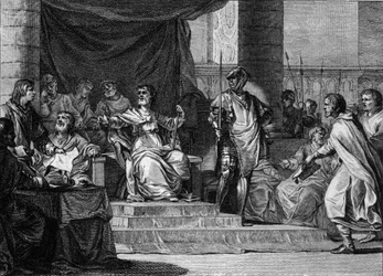 Representación imaginaria del reinado de los reyes merovingios perezosos: Clodoveo III (682-695), Childeberto III (683-711) y Dagoberto III (alrededor de 697-715) están dormidos y sentados detrás del alcalde del Palacio de Pepino el Joven o Herstal (alrede
