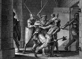 Encarcelamiento de Carlos III el Simple (879-929), 923: Creyendo encontrar refugio con Herbert de Vermandois, el antiguo rey de los Francos fue traicionado por este último y enviado a prisión. Grabado por Jean Michel Moreau, llamado Moreau le Jeune (1741-1