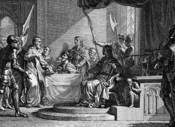 Interregno de Carlos Martel, 737: Carlos Martel, alcalde del Palacio, interregno después de la muerte de Thierry IV (713-737). Grabado por Jean Michel Moreau, llamado Moreau el Joven (1741-1814)