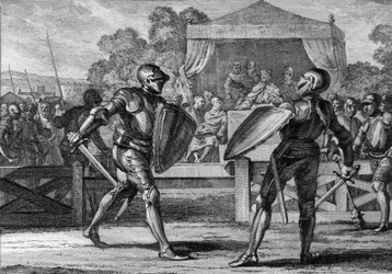 Justicia bajo los Capetos: un duelo en armadura entre dos vasallos para arbitrar una disputa. Un tribunal (“tribunal de pares o barones”) intentó primero resolver su disputa. En caso de fracaso, se enfrentarían en una batalla a muerte. Siglos X-XI. Grabado