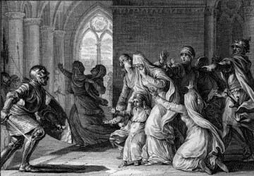 Luis I el Piadoso expulsa a sus hermanas y sobrinos del palacio, 814. Son acusados de conspirar contra él. Grabado por Jean Michel Moreau, conocido como Moreau le Jeune (1741-1814)