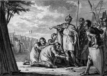Luis I el Piadoso o el Debonnaire (778-840) perdona a su hijo Lotario (795-855) que se postra a sus pies. 834. Grabado por Jean Michel Moreau, conocido como Moreau le Jeune (1741-1814)
