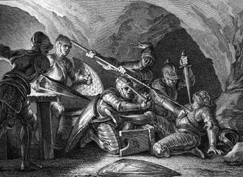 Incorporación del Ducado de Aquitania a la Corona: asesinato de Waifre (o Gaifier), duque de Aquitania (767 o 768). Grabado de Romanet según Moreau le jeune (1779).