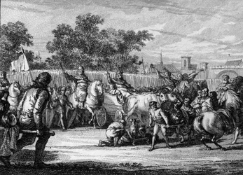 Período merovingio; llegada del rey durante un Campo de Marte. El rey subió a un carro tirado por bueyes, las trompetas anuncian su llegada. A su lado, el alcalde del palacio, montado con el Bastón de Comandante. Grabado por Jean Michel Moreau, llamado Mor