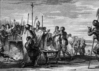 Ordalías o “los juicios de Dios”, 877: los representantes de Luis de Germania, que vinieron a reclamar a Luis II el Calvo la mitad del reino de Lorena, acordaron someterse a las pruebas de hierro caliente, agua hirviendo y agua fría. Grabado de Jean Michel