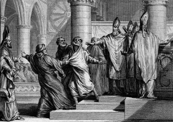 Penitencia y deposición de Luis I el Piadoso o el Debonair (778-840), 833: después de confesar, el rey es despojado de los ornamentos imperiales por el Arzobispo de Reims, luego cubierto con un saco de penitente. Grabado por Jean Michel Moreau, conocido co