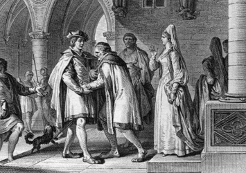 Felipe I (1052-1108), Rey de los Francos, visitando la corte del Conde de Anjou, Foulques le Rechin (1042-1109). Este viaje es un pretexto para arreglar su matrimonio con Bertrade de Montfort (alrededor de 1070-1118), esposa del Conde. 1095. Grabado por Je