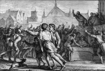 El Papa Urbano II (1042-1099) arengando a la multitud en el Concilio de Clermont para animar a la población a participar en la Primera Cruzada y recibir la cruz de tela roja, símbolo de las grabados
