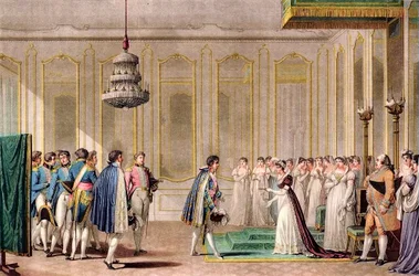 Propuesta de matrimonio por poder de Napoleón presentada a la Emperatriz de Austria por el príncipe de Neufchatel (Louis-Alexandre Berthier) - grabado según Jean-Michel Moreau le jeune - En una habitación de su apartamento, la emperatriz María Luisa de Aus