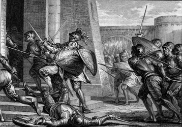 Robert el Fuerte murió (circa 815-866), Duque de Francia, durante la Batalla de Brissarthe, en 866, oponiéndose los francos a un ejército combinado de bretones y vikingos. Grabado por Jean Michel Moreau, conocido como Moreau le Jeune (1741-1814)