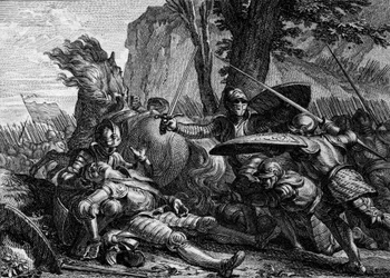 Roland murió durante la batalla de Roncesvalles entre el ejército de Carlomagno y el de los sarracenos. 778. Grabado por Jean Michel Moreau, llamado Moreau le Jeune (1741-1814)