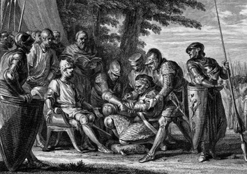 Rollón (ca. 860-933), jefe vikingo, se niega a besar el pie del rey Carlos III el Simple (879-929), 912. Grabado de Jean Michel Moreau, llamado Moreau le Jeune (1741-1814)