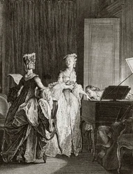Saint Preux y Claire en el clavecín en “Julie ou la nouvelle Héloïse” por el filósofo suizo Jean Jacques Rousseau (1712-1778) - grabado por Moreau le jeune, Jean Michel (1741-1814)