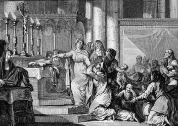 Santa Bathilde (626-680), Reina de los Francos y viuda de Clodoveo II, decidió tomar el velo en el monasterio de Chelles en 665. Sus súbditos intentan detenerla. (grabado por Jean Michel Moreau, dit Moreau le Jeune)