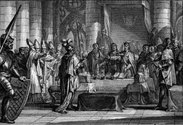 Sucesión de Luis I el Piadoso o el Debonair, 816: el emperador de Occidente (778-840) ante las tres coronas que simbolizan la división de su imperio en tres reinos, cada uno para uno de sus hijos (Lotario, Pepino, Luis). Grabado por Jean Michel Moreau, lla