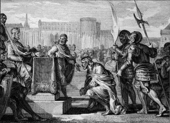 Tassilon III (Tassillon, Tassilo, 742-794), Duque de Baviera, se postra ante Carlomagno (747-814), Rey de los Francos, en Ingelheim, 788. Fue condenado por traición y sentenciado a muerte pero terminó su vida en un monasterio. Grabado por Jean Michel Morea