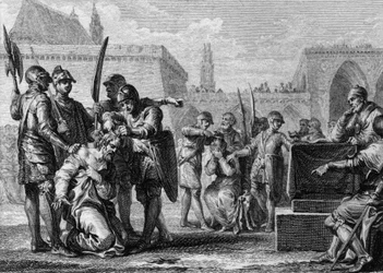 Thierry III (651-691), rey de los francos, y Ebroin (muerto en 681), alcalde del Palacio de Neustria, fueron segados por la población, hostil a los dos hombres. 669. Grabado de Jean Michel Moreau, llamado Moreau le Jeune (1741-1814)