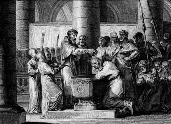 Guerra contra los sajones, 785: bautismo de Witikin de Sajonia (o Widukind, Wittekind). Derrotado por el ejército de Carlomagno, el líder de los sajones aceptó convertirse al catolicismo. Grabado por Jean Michel Moreau, llamado Moreau el Joven (1741-1814)