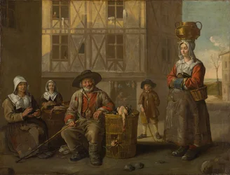 Un comerciante de aves y una anciana calentando sus manos, circa 1652