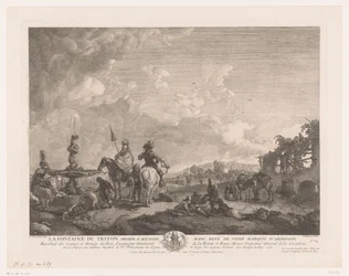 Paisaje con figuras junto a una fuente. La Fontaine du Triton (título sobre el objeto) Impresiones de pinturas de Philips Wouwerman (título de la serie) Oeuvres de Ph.pe Wouwermans Hollandois (título de la serie)