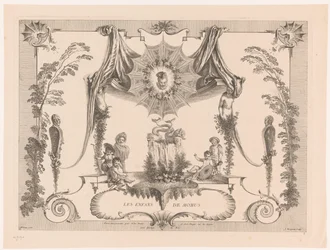 Diseño para artesonado con niños junto a una fuente. Les Enfans de Momus (título sobre objeto) Obra de Antoine Watteau (título de la serie) L