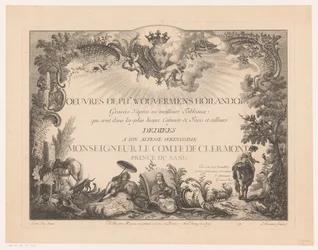 Lámina de título con figuras y animales en un paisaje, con el retrato de Philips Wouwerman Impresiones de pinturas de Philips Wouwerman (título de la serie) Oeuvres de Ph.pe Wouwermans Hollandois (título de la serie sobre el objeto)