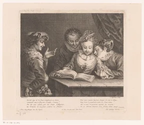 mujer joven, canto, y, tres, hombres jóvenes, en, un, mesa Obra de Antoine Watteau (título de la serie) L