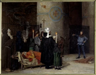 Funeral de Guillermo el Conquistador (1027-1087), Rey de Inglaterra de 1066 a 1087 (1087), en la Abadía aux Hommes de Caen. Un hombre llamado Asselin interrumpe la ceremonia