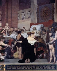 La muerte de Santa Genoveva, Patrona de la Ciudad de París. Pintura mural de Jean Paul Laurens (1838-1921) París, Panteón